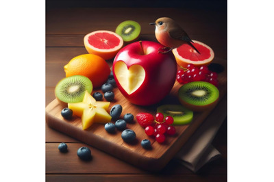 Bird on heart shaped apple