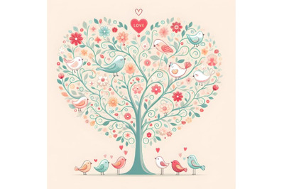 Love tree with different birds