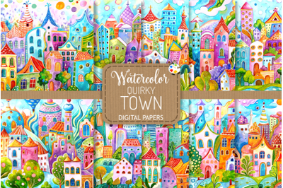 Quirky Town - Whimsical Watercolor Digital Paintings