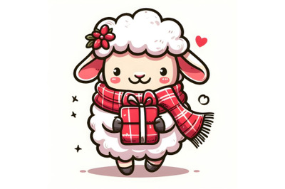 Cute sheep wearing red scarf with the gift