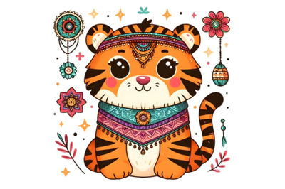 Cute Cartoon tiger on a white background boho style