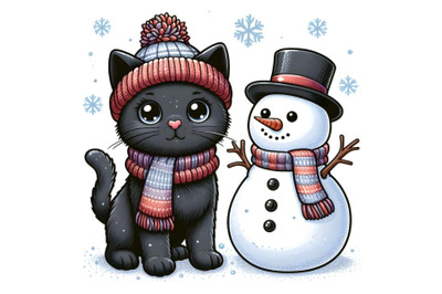Cute Cartoon black Kitten in a knitted cap