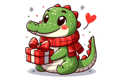 Cute baby green crocodile wearing red scarf