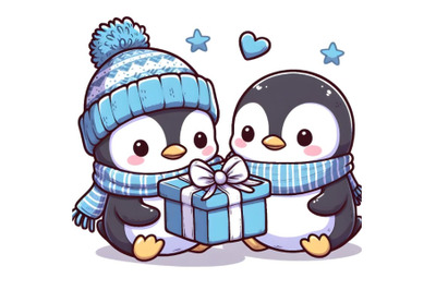 Cute baby penguin wearing blue scarf