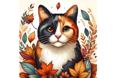 calico cat in autumn leaves