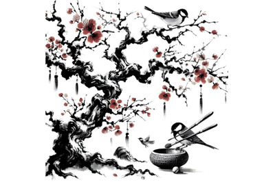 Bird painting chinese ink tree