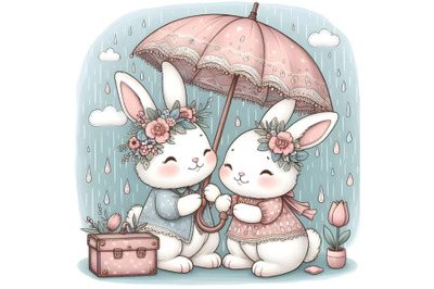 Two cute cartoon bunnies with umbrella