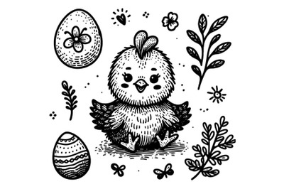 Hand drawn vector baby chicken in black and white