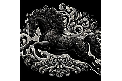 Ornate dark horse in a jump