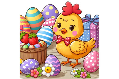 Hen with various Easter eggs