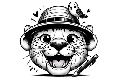 Funny smiling panther with a cute bird in a hat