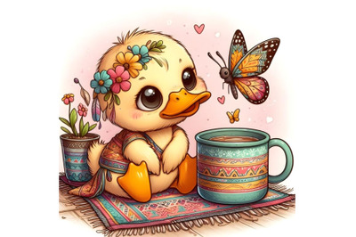 Funny baby duck sits in mug and looks at butterfly