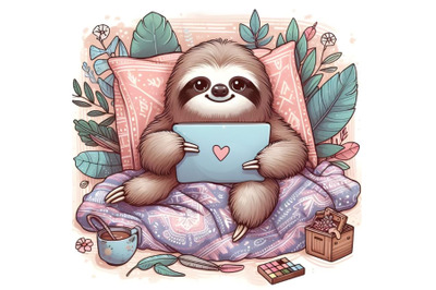 Cute sloth in bed with laptop