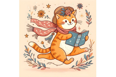 cute orange cat is running and reading a book