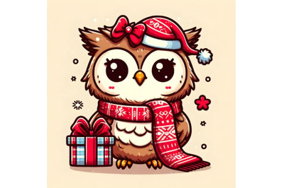 Cute owl wearing red scarf with the gift