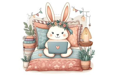 Cute hare in bed with laptop