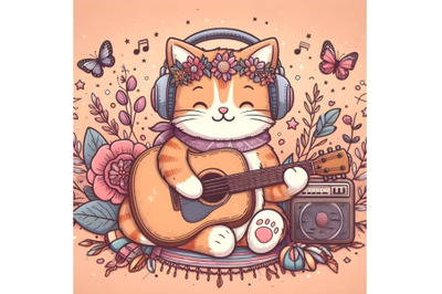 Cute cat with guitar and headphone