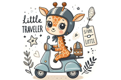 Cute giraffe wearing helmet riding a scooter