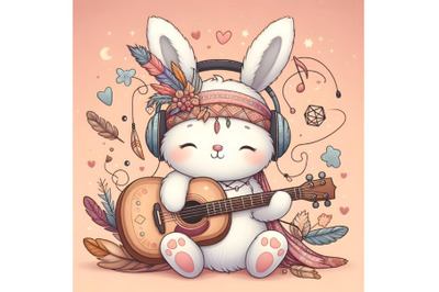 Cute bunny with guitar and headphone