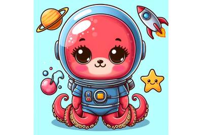 Cute baby animal octopas astronaut