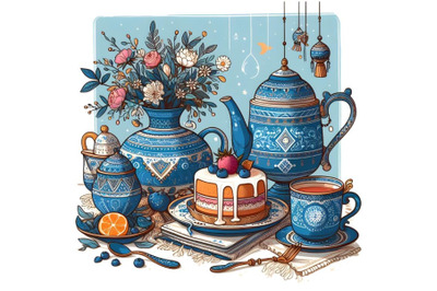 Blue tea set and cake on a plate