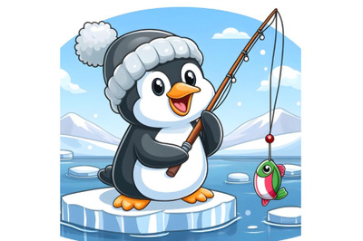 Cartoon Penguin fishing on the arctic ice