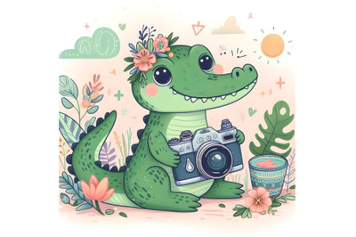 baby green crocodile with a camera