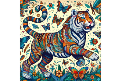 patterned running tiger and butterflies