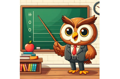 Owl teacher holding pointer at blackboard