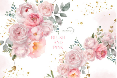 Blush Pink Flowers Clipart, Greenery Floral Clipart