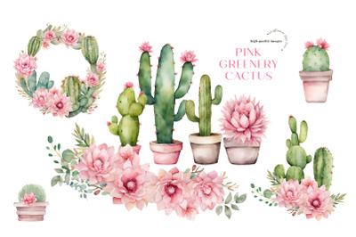Watercolor Cactus Pink Flowers Clipart, Greenery Cactus Floral Clipart