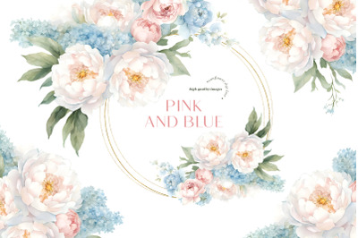 Blue and Pink Flowers Clipart, Baby Blue &amp; Pink Blush Flowers
