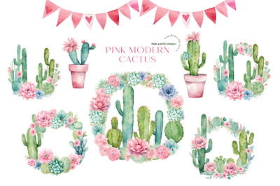 Modern Cactus Pink Flowers Clipart, Greenery Cactus,  Floral Clipart