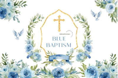 Boy Girl Blue Flowers Cross Baptism Clipart, Floral Wreath