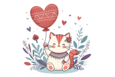 Cute cat with red heart balloon