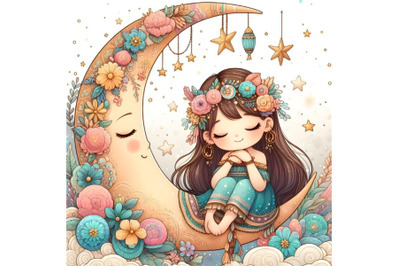 little cute girl is dreaming on the crescent