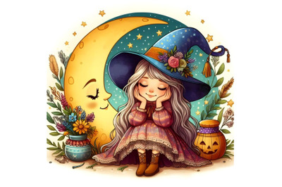 little beautiful witch girl is dreaming on the crescent