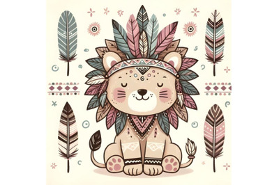 Cute Cartoon tribal lionr with feathers