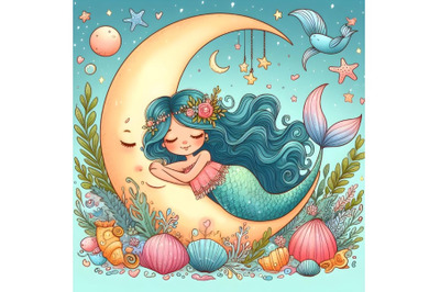 little beautiful mermaid is dreaming on the crescent