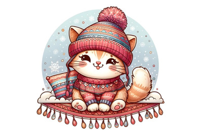 Cartoon cute cat in a knitted cap sits on a snow