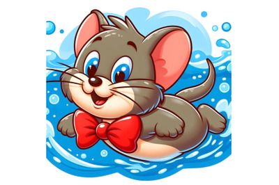 Jerry swimming with red bow. Funny and adorable