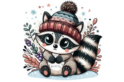 Cartoon cute racoon in a knitted cap sits on a snow