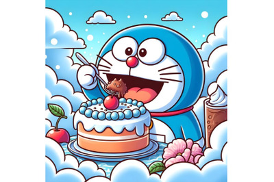 doraemon eating cake with cloud background