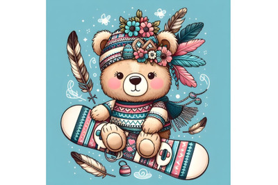 Cute cartoon Teddy Bear on a snowboard