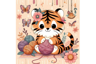 Cute tiger playing with a ball of yarn