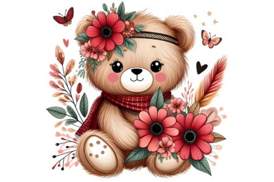 Cute Teddy bear with the red flowers