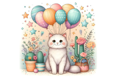 Cute cat with the colorful balloons