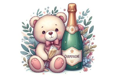 Cute Teddy Bear with the bottle of close -up champagne