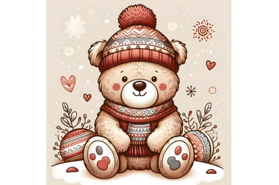 Cartoon Teddy bear in a knitted cap sits on a snow