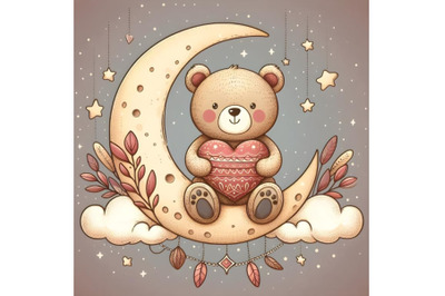 Cute Teddy Bear with heart on the moon